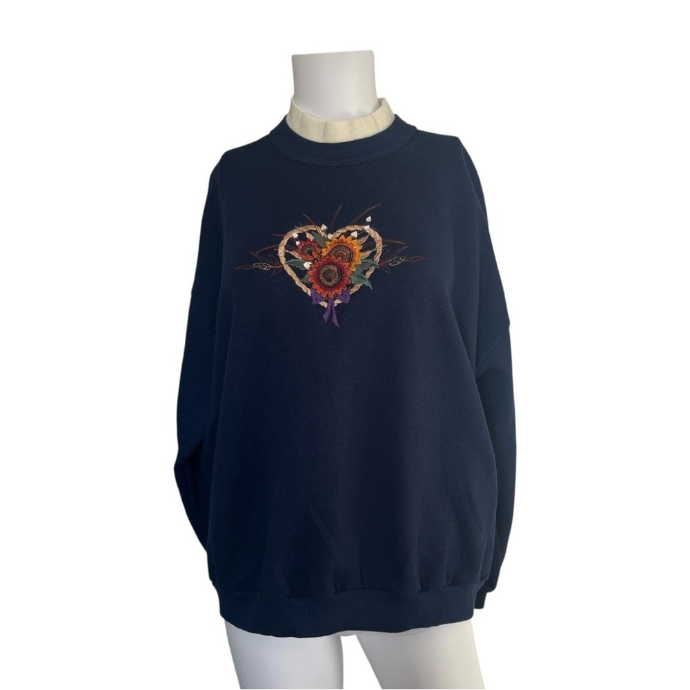 Vintage Sweatshirt Navy Blue Embroidered Sunflowers Womens Size Petite Large PL